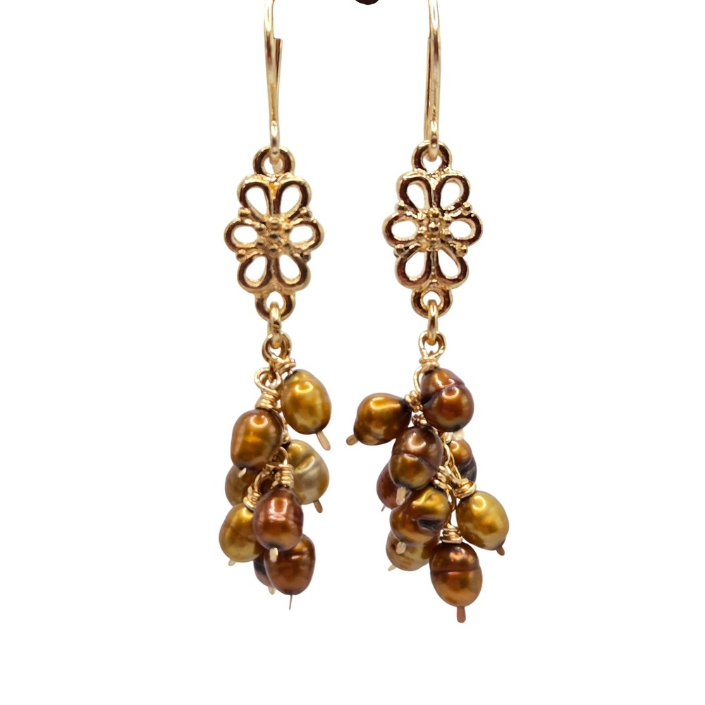 Gold‎ Plated Chocolate Freshwater Pearl Cluster Dangle Earrings Floral Filigree